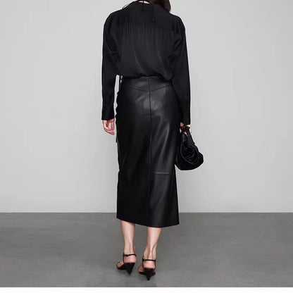 Straight Genuine Sheepskin Black Elegant Long Autumn Winter Temperament Skirt