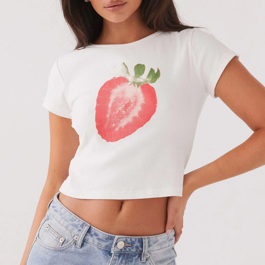 Print Round Short Summer Casual Slim Girls Club Streetwear Strawberry T-shirt