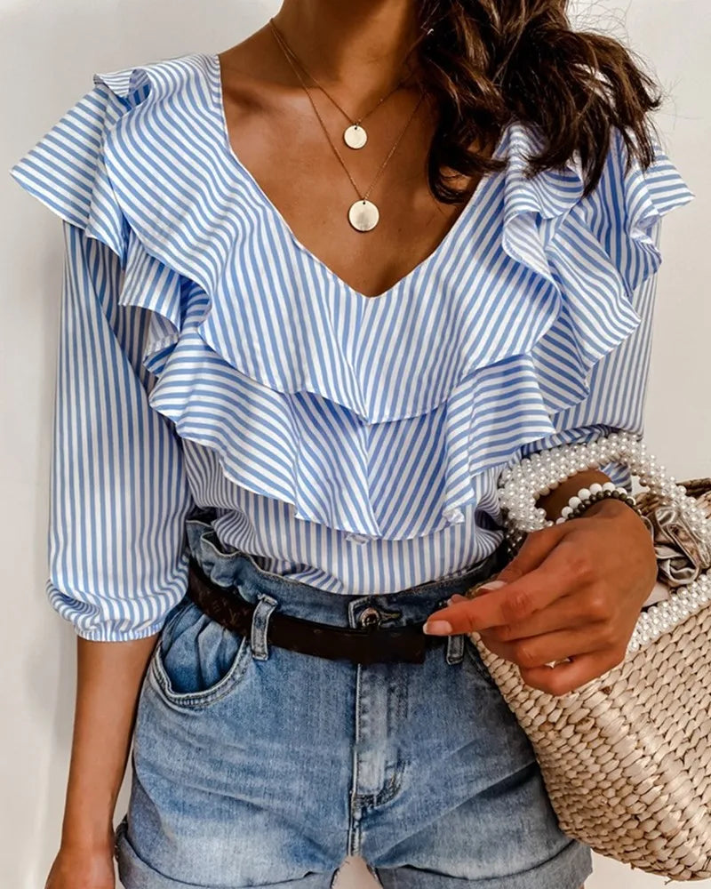 Middle Sleeve Daily Elegant Ruffled Collar Loose Top Striped Blouse