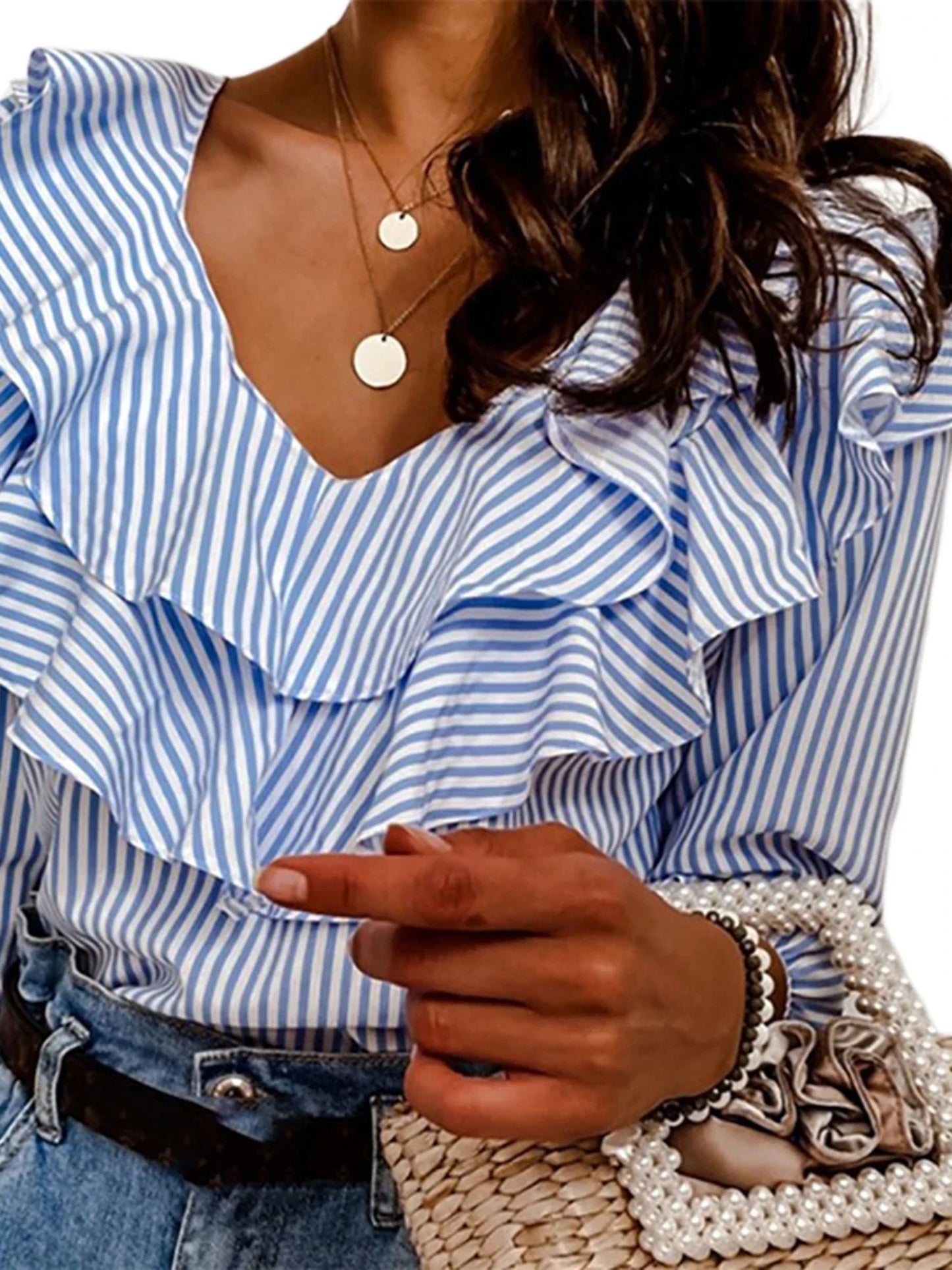 Middle Sleeve Daily Elegant Ruffled Collar Loose Top Striped Blouse