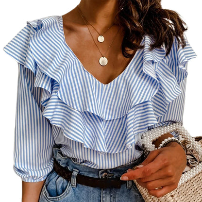 Middle Sleeve Daily Elegant Ruffled Collar Loose Top Striped Blouse