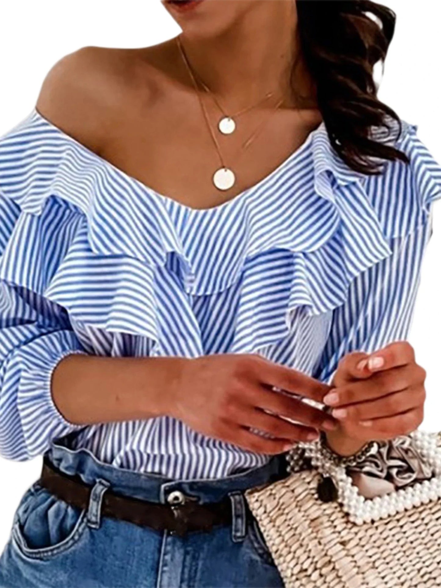 Middle Sleeve Daily Elegant Ruffled Collar Loose Top Striped Blouse