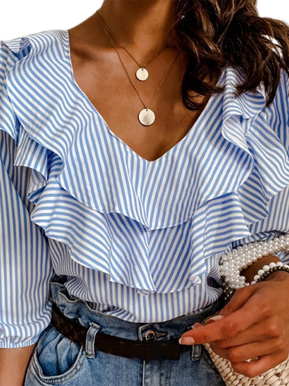 Middle Sleeve Daily Elegant Ruffled Collar Loose Top Striped Blouse