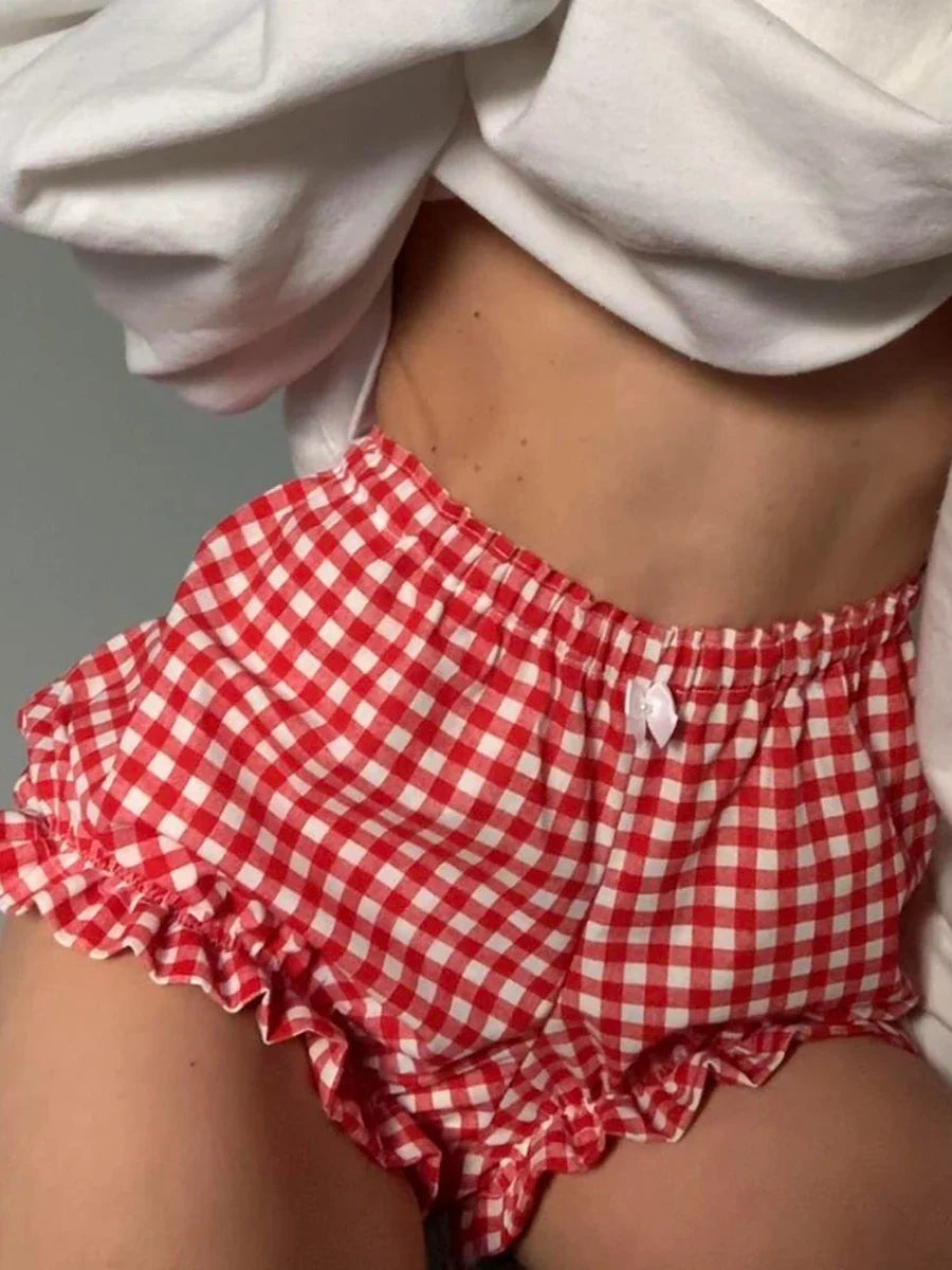 Casual Plaid Elastic Ruffle Solid Duck Print Lounge Summer Short