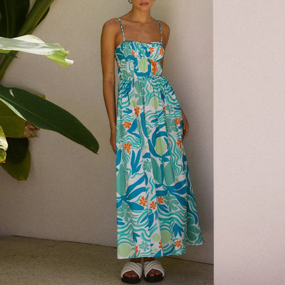 Floral Print Long Beach Sleeveless Spaghetti Strap Ruched Going Out A-Line Maxi Summer Dress