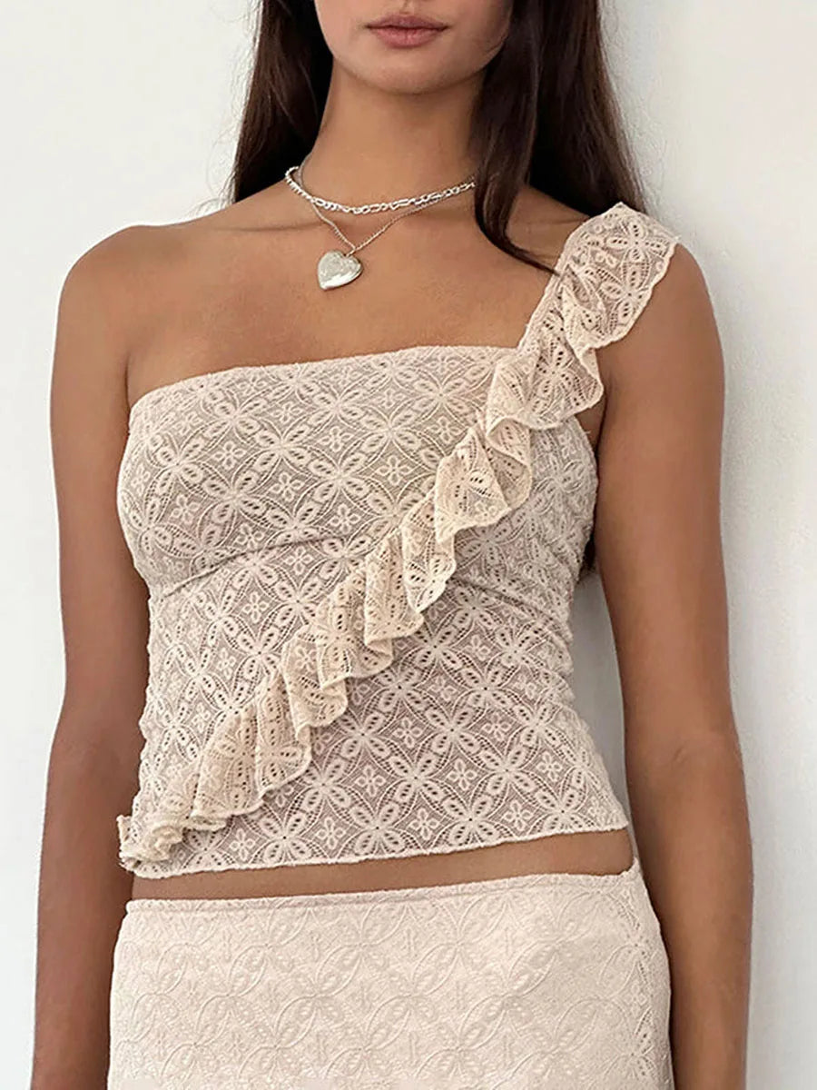 Going Out One Shoulder Ir Regular Rufle Floral Lace Tube Crop Summer Top