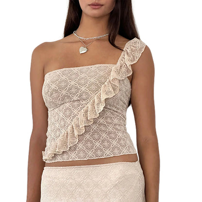 Going Out One Shoulder Ir Regular Rufle Floral Lace Tube Crop Summer Top