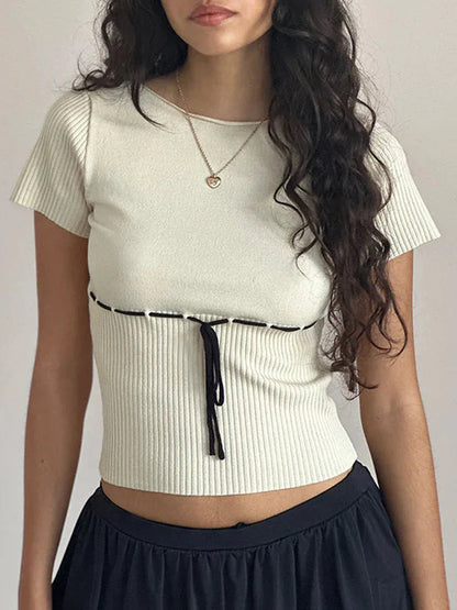 Sleeve Ribbed Knit Cute Crew Neck Belted Tee Streetwear Crop Short Top