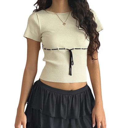 Sleeve Ribbed Knit Cute Crew Neck Belted Tee Streetwear Crop Short Top