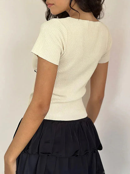 Sleeve Ribbed Knit Cute Crew Neck Belted Tee Streetwear Crop Short Top