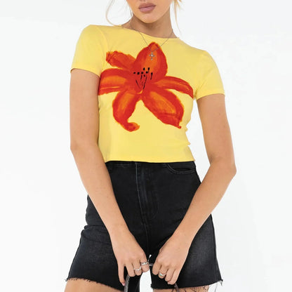 Summer Short Sleeve Casual Crew Neck Flower Print Slim Fit Aesthetic Harajuku Clubwear Women's T-shirt