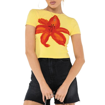 Summer Short Sleeve Casual Crew Neck Flower Print Slim Fit Aesthetic Harajuku Clubwear Women's T-shirt