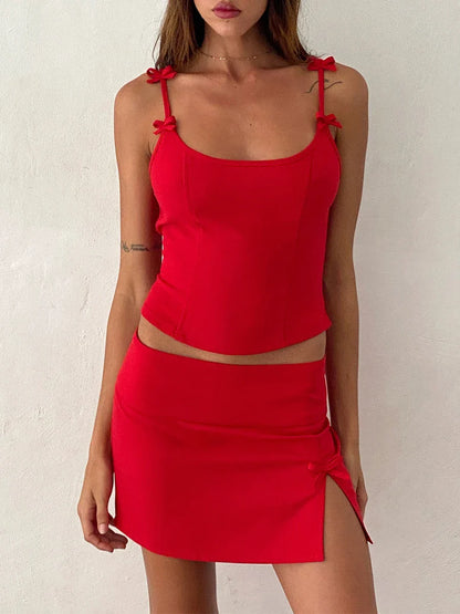 Bow Scoop Neck Slit Bodycon Party Skirt Set Crop Mini Top