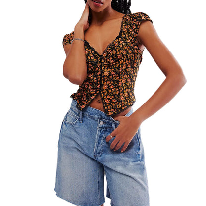 Slim Fit Cap Sleeve Deep V Neck Hook and Eye Closure Short Floral Streetwear Summer T-shirt