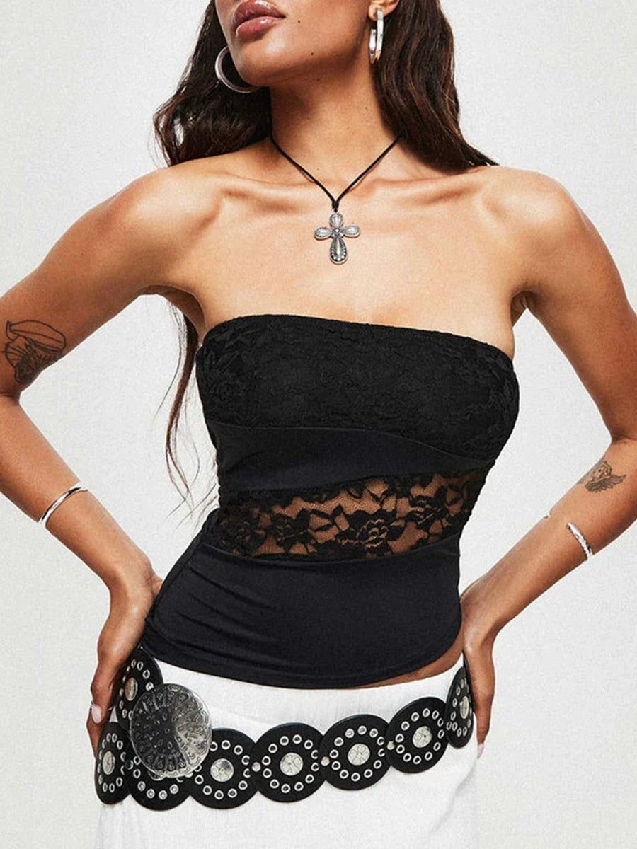 Summer Strapless Slim Tube Tops Lace Floral Sheer Mesh Off Shoulder Open Back Tank Women's Top