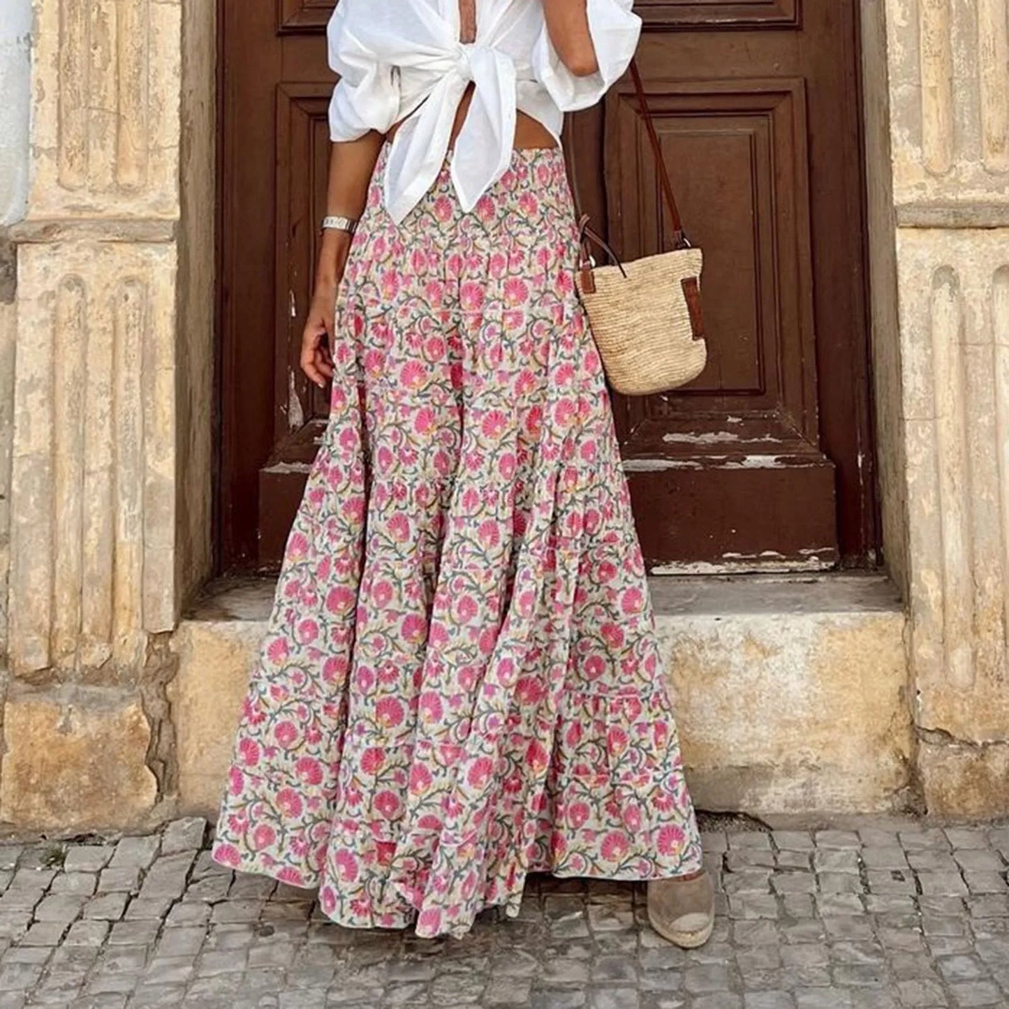 Summer Sweet Pink Bohemian Floral Print Long Ladies Elastic High Waist Maxi Casual Drawstring Women's Skirt