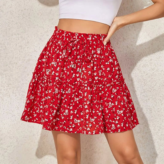 Vintage Floral Print High Waist Ruffle Skirt Casual Swing Bohemian Beach Pleated Mini Summer Skirt