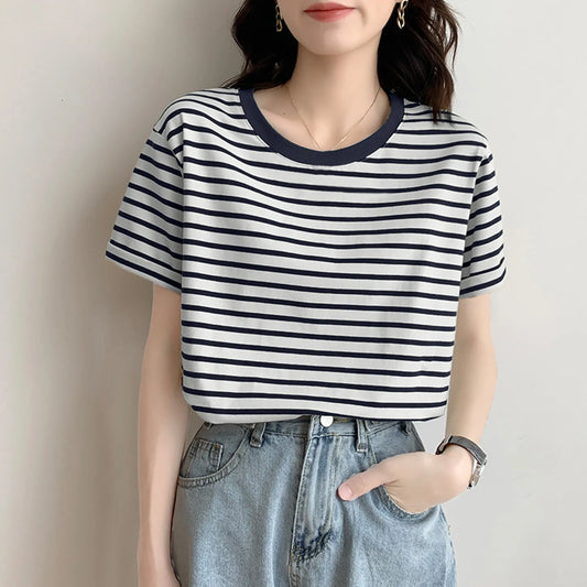 Trim Summer Crew Cotton Casual Comfortable Cute Short T-shirt