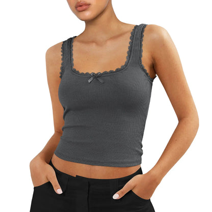 Tank Tops Slim Fit Scoop Neck Backless Lace Trim 3D Bow Ribbed Cami Crop Tank Women's Top