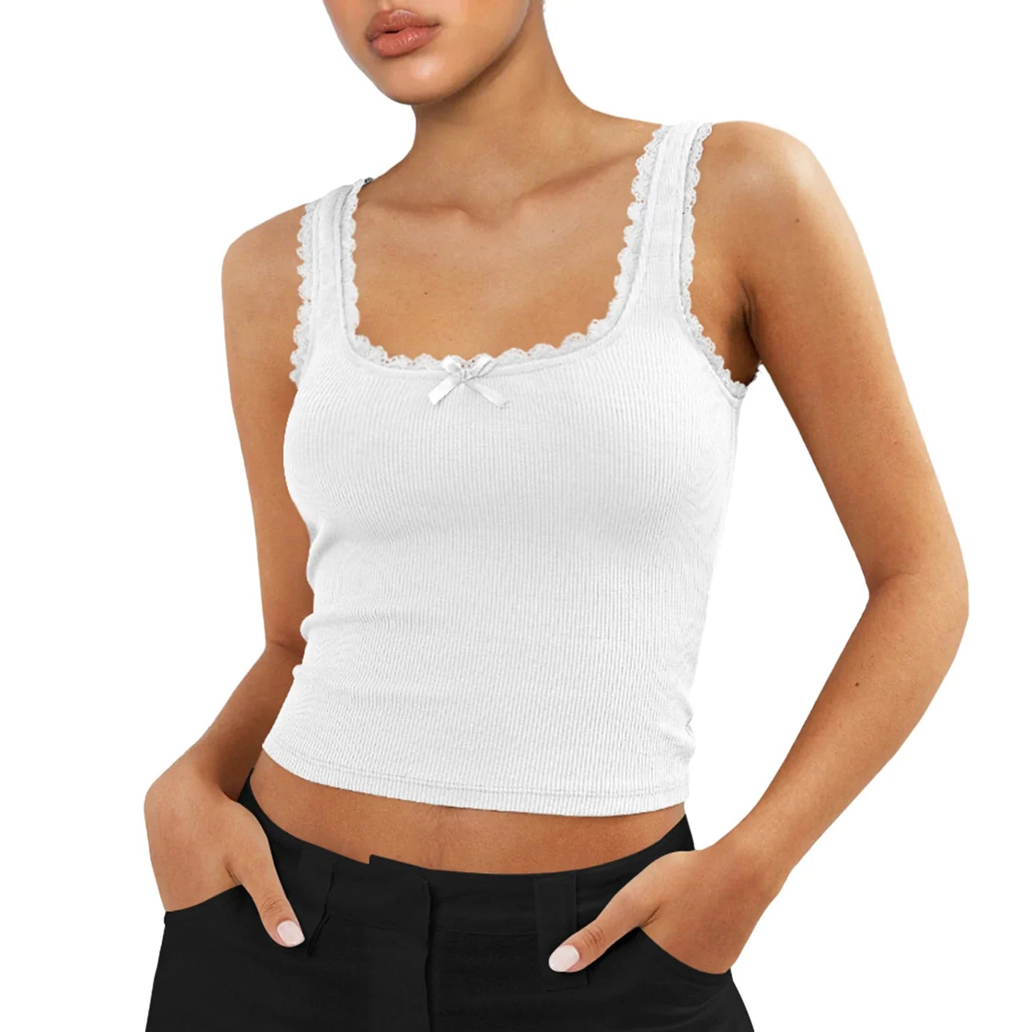 Tank Tops Slim Fit Scoop Neck Backless Lace Trim 3D Bow Ribbed Cami Crop Tank Women's Top