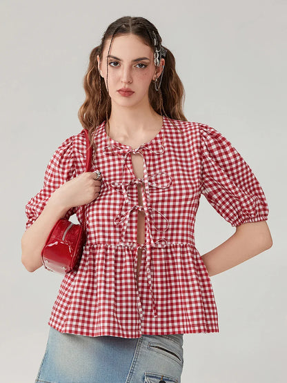 Sleeve Round Neck Loose Vintage Tops Basics Chic Plaid Print Puff Blouse