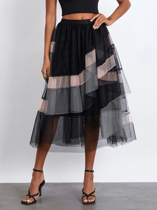 Tutu Long Multi-Layer Ruffled Elastic Slit Mesh Cocktail Party for Beach Streetwear Tulle Skirt