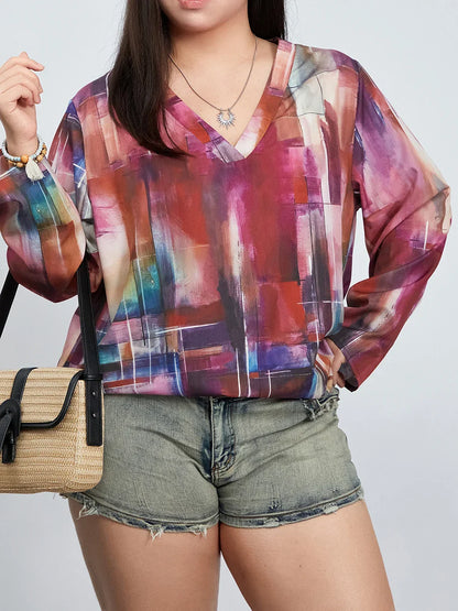 Neck Fashion Long Sleeve Graphic Print Loose Random Printed Tops V Blouse