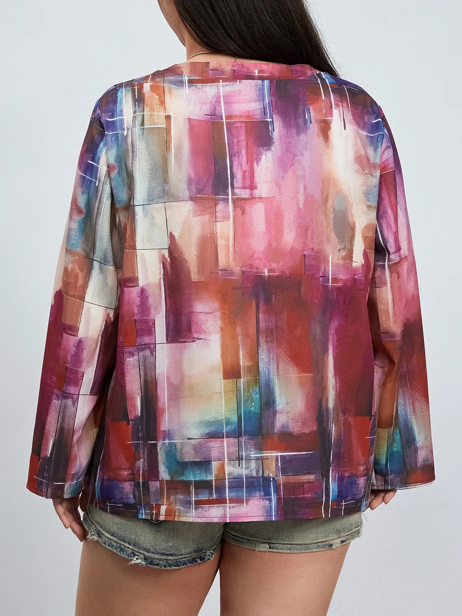 Neck Fashion Long Sleeve Graphic Print Loose Random Printed Tops V Blouse