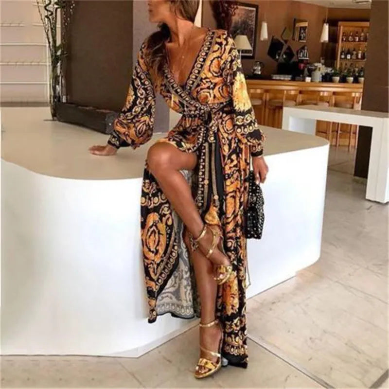 V Neck Loose Printed Cocktail Party Beach Holiday Casual Summer Maxi Boho Dress