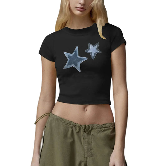 Fashion Printed Crew Summer Star Slim Cropped Push-Up Short Casual T-shirt