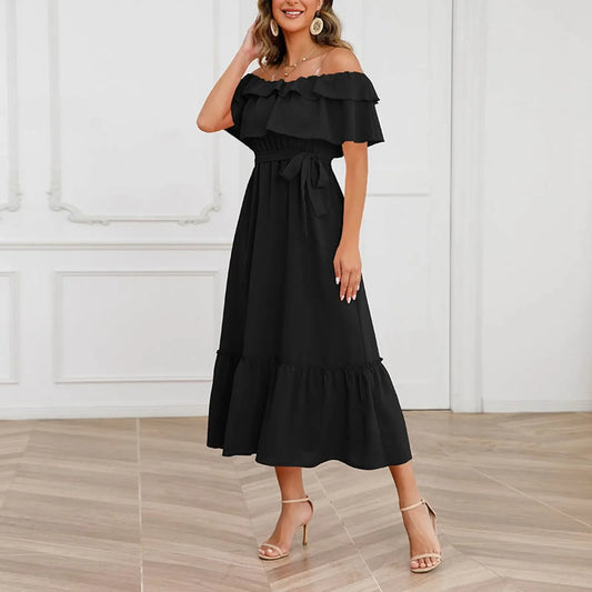 Elegant One Line Neck Off Shoulder Mid Length Fashionable Beach Casual Midi Womens Dress