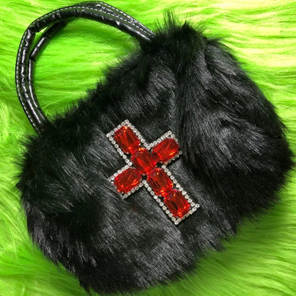 Y2K Soft Hop Gothic Punk Harajuku Plush Shoulder Hip Black Cross Applique Bag