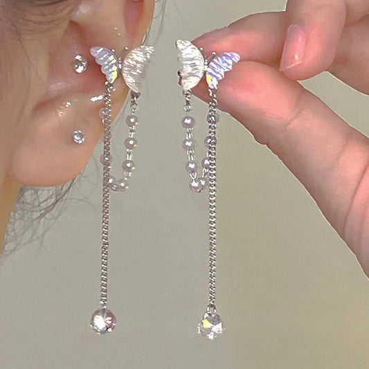 Fairy Zircon Shell Butterfly Tassel Ear Clips Angel Ear Bone Elf Pearl Dangle Fashion Y2K Earring