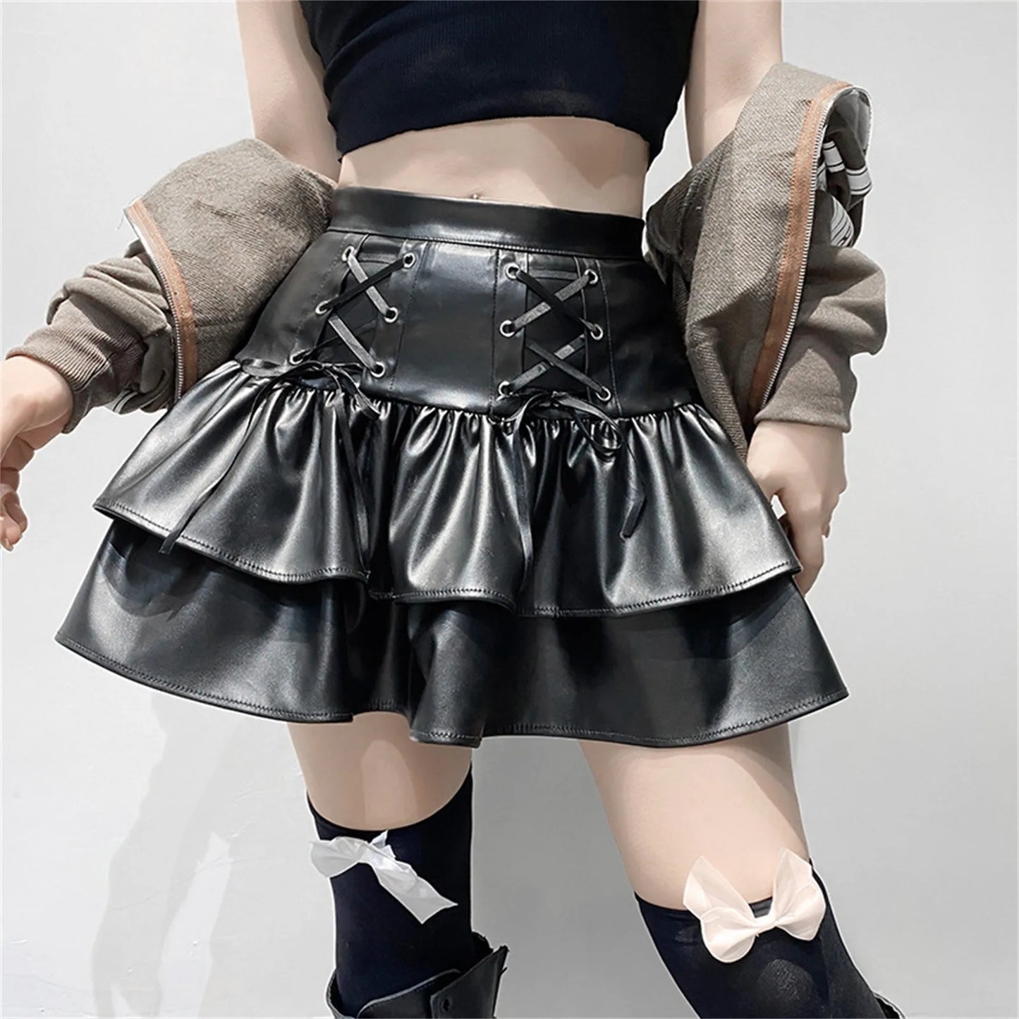 Punk Mini Sexy High Waist Black Ruffles Bandage Aesthetic Gothic Cake Streetwear Y2K Skirt