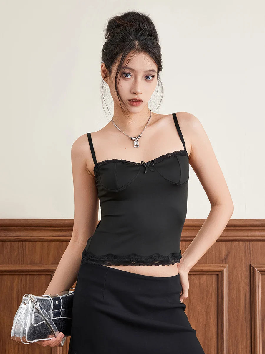 Front Crop Tops Women Lace Trim Cami Tops Low Cut Backless Tank Bow Top