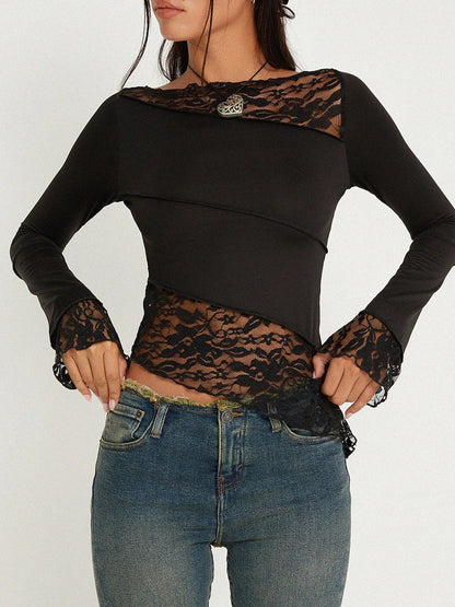 Patchwork Crop Long Sleeve See Through Blouse Casual Slim Vintage Fairy Grunge Streetwear Lace T-shirt