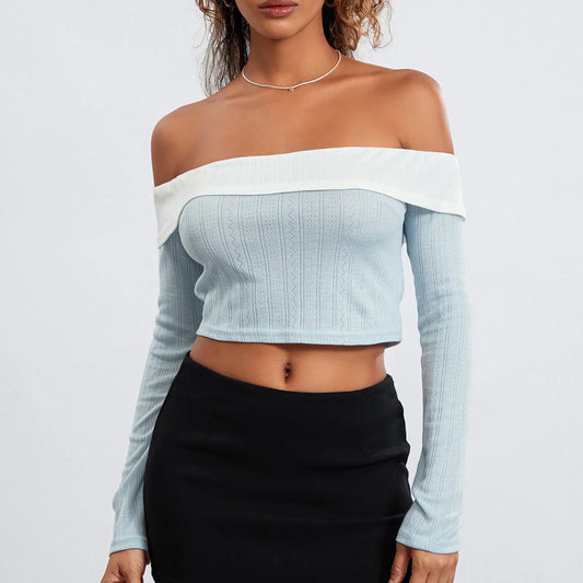 Crop Contrast Color Long Sleeve Casual Pullovers Club Streetwear Aesthetic Off-Shoulder T-shirt