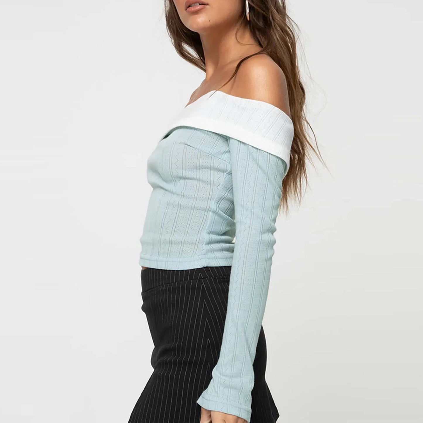 Crop Contrast Color Long Sleeve Casual Pullovers Club Streetwear Aesthetic Off-Shoulder T-shirt