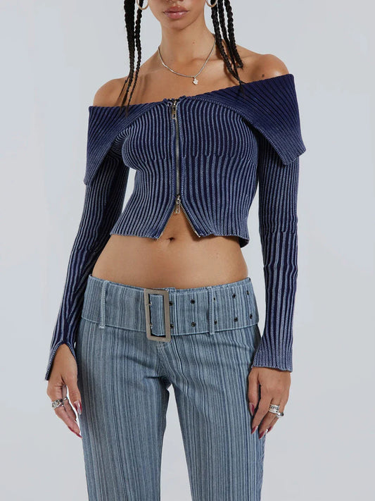 Women Off Shoulder Rib Knit Solid Long Sleeve Double Zipper Slim Fitted Streetwear Y2k T-shirt