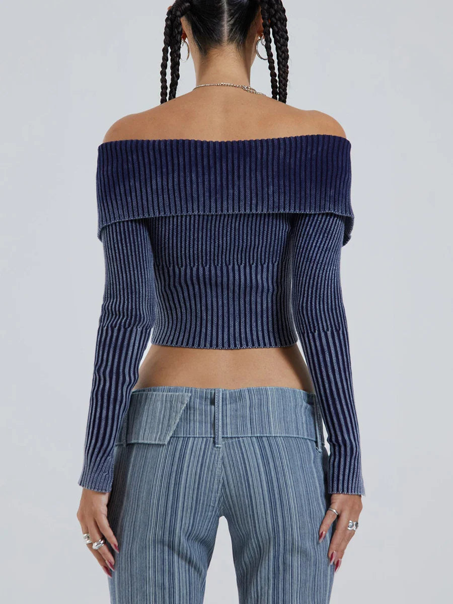 Women Off Shoulder Rib Knit Solid Long Sleeve Double Zipper Slim Fitted Streetwear Y2k T-shirt