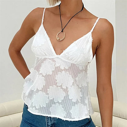 Women Sexy Crop Tops Deep V-neck Mesh See-through Camis Aesthetic Tank Y2k Top