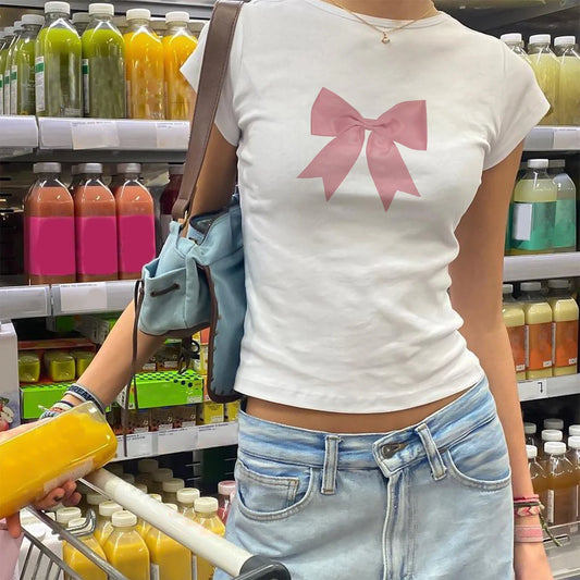 Crop Bow Print Short Sleeve Basic Casual Streetwear Aesthetic Grunge Clothes Summer T-shirt