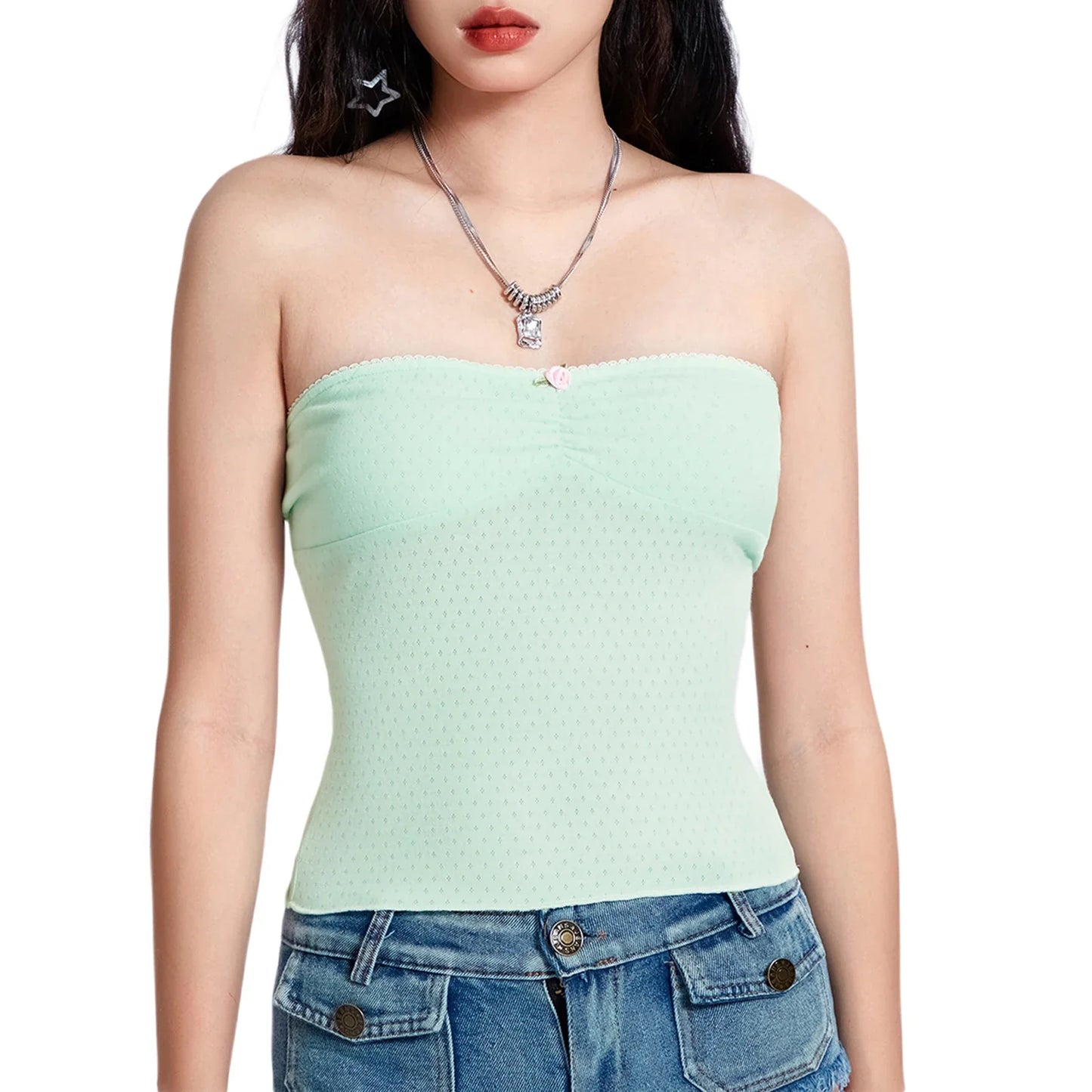 Women Tube Tops Lace Trim Hollow-out Flower Boat Neck Strapless Backless Bandeau Tank Y2k Top