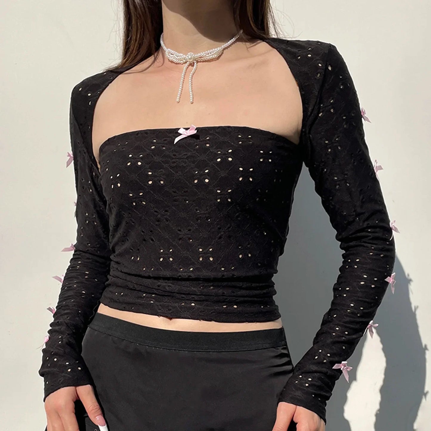 Cute Bow Cutout Strapless Cropped Bandeau Shrug Streetwear Aesthetic Tube T-shirt