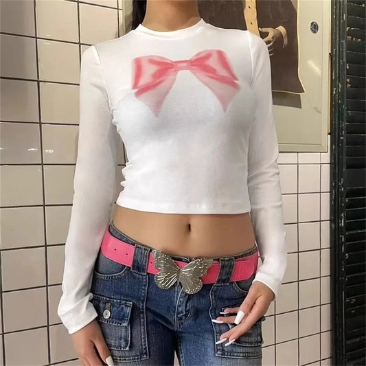 Crop Tight Fitted Round Long Bow Print Navel Short Spring Fall Tops Y2K T-shirt