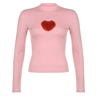 Heart Crop Basic Long Round Slim Spring Fall Casual Streetwear Y2K T-shirt