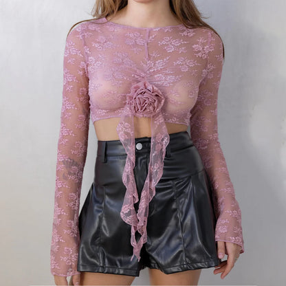 Crop Slim See Through 3D Rose Flower Embroidery Showing Navel Long Sleeve Party Club Lace T-shirt