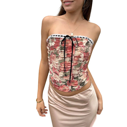 Women’s Retro Floral Print Tube Tops Lace Trim Off Shoulder Slim Tank Y2k Top