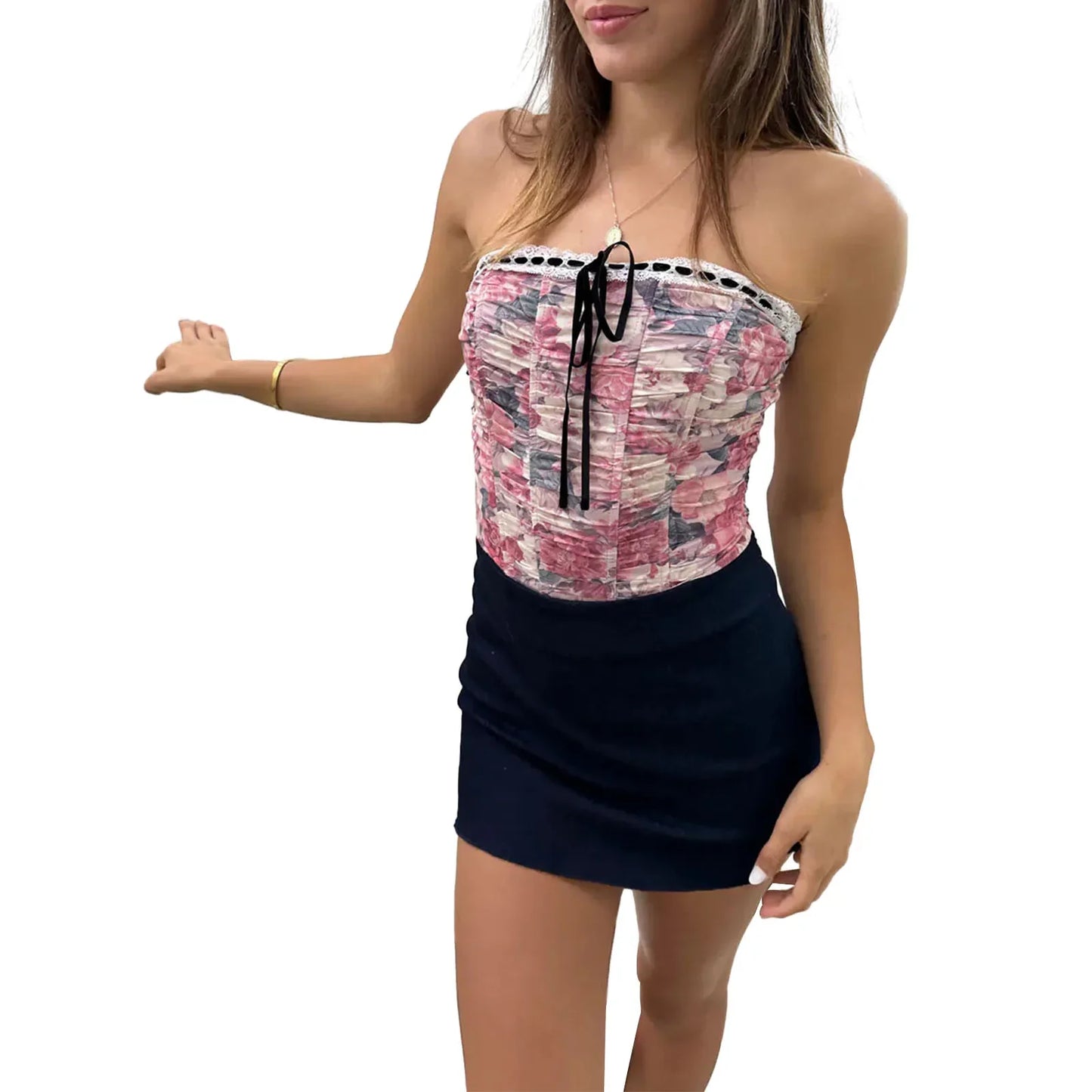 Women’s Retro Floral Print Tube Tops Lace Trim Off Shoulder Slim Tank Y2k Top