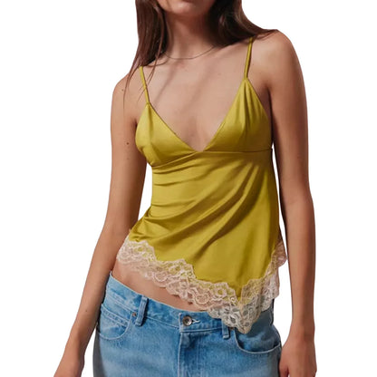 Women's Slim Cami Tops Spaghetti Strap V-Neck Vest Lace Patchwork Asymmetric Tank Y2k Top